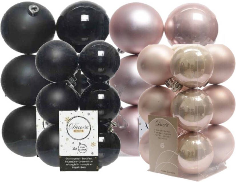 Decoris 36x stuks kunststof kerstballen zwart en lichtroze 6 en 8 cm Kerstbal