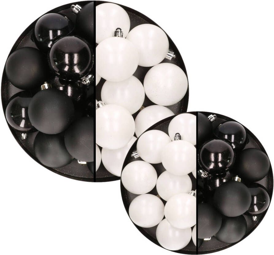 Decoris 36x stuks kunststof kerstballen zwart en wit 6 en 8 cm Kerstbal