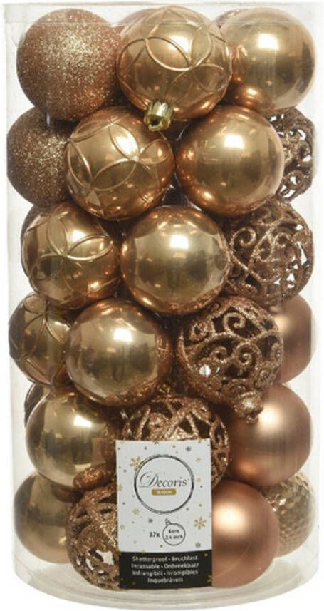 Decoris 37x Camel bruine kunststof kerstballen 6 cm Mix Onbreekbare plastic kerstballen Kerstboomversiering camel bruin