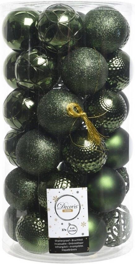 Decoris 37x Donkergroene kunststof kerstballen 6 cm Mix Onbreekbare plastic kerstballen Kerstboomversiering donkergroen