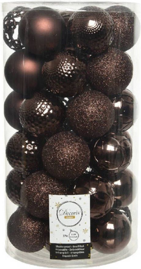 Decoris 37x Kunststof kerstballen mix donkerbruin 6 cm kerstboom versiering decoratie Kerstbal