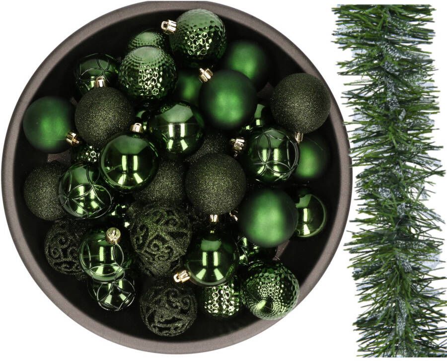 Decoris 37x stuks kerstballen 6 cm en slinger donkergroen kunststof Kerstbal