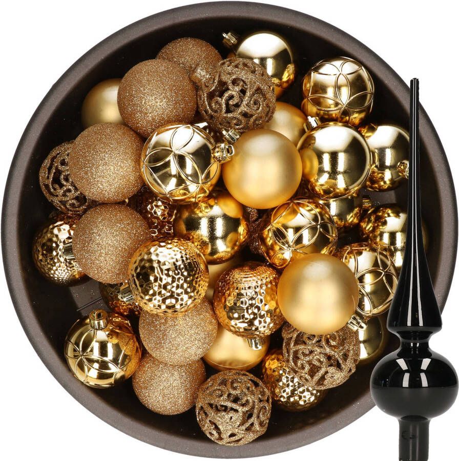 Decoris 37x stuks kunststof kerstballen 6 cm goud incl. glazen piek glans zwart Kerstbal