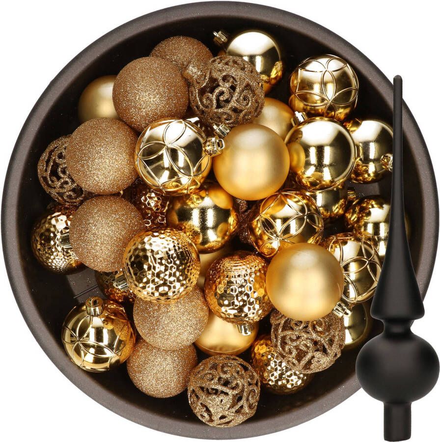 Decoris 37x stuks kunststof kerstballen 6 cm goud incl. glazen piek mat zwart Kerstbal