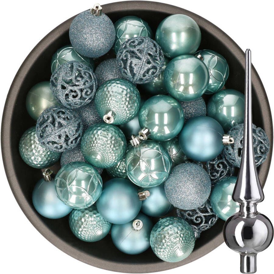 Decoris 37x stuks kunststof kerstballen 6 cm ijsblauw incl. glazen piek glans zilver Kerstbal