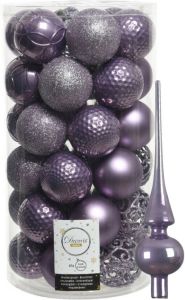 Decoris 37x Stuks Kunststof Kerstballen 6 Cm Incl. Glanzende Glazen Piek Lila Paars Kerstbal