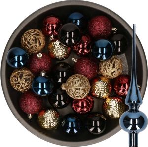 Decoris 37x stuks kunststof kerstballen 6 cm incl. glazen piek blauw-goud-rood-zwart Kerstbal