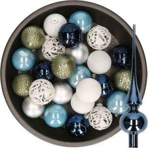 Decoris 37x stuks kunststof kerstballen 6 cm incl. glazen piek blauw-wit-zilver-groen Kerstbal