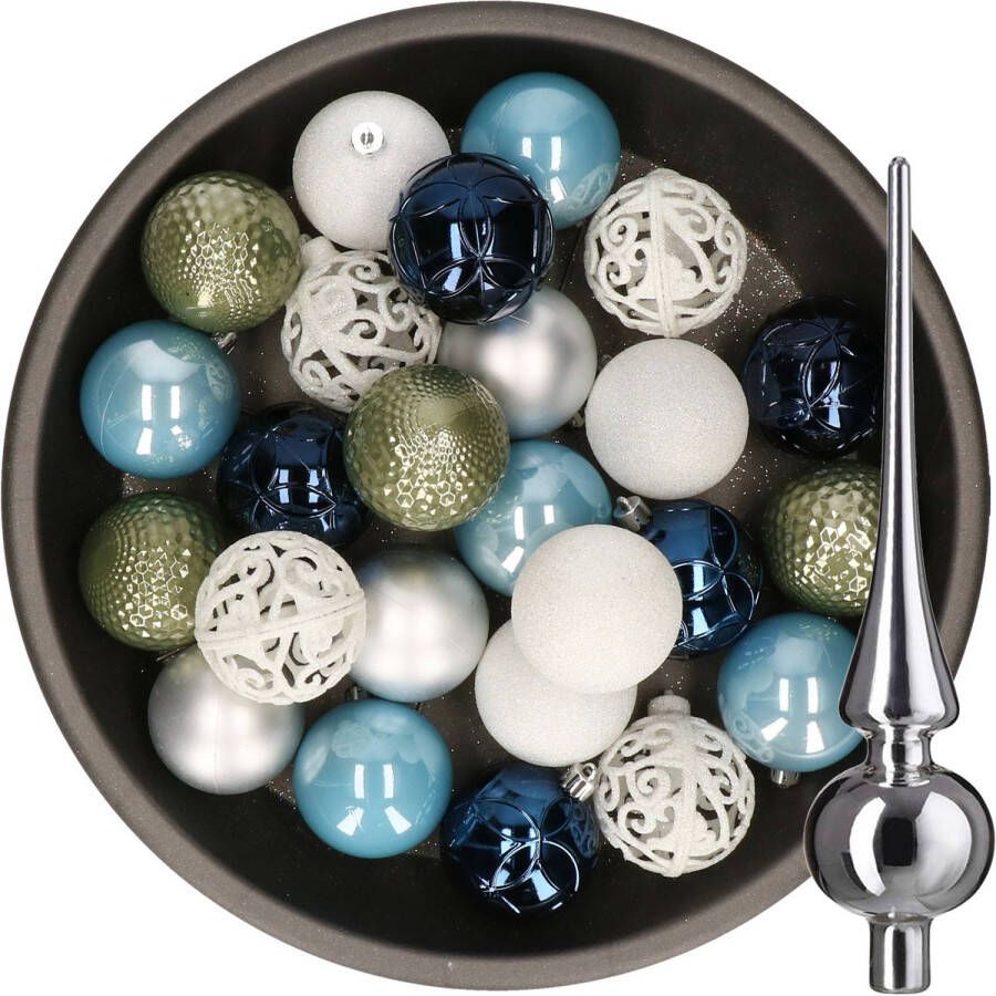 Decoris 37x stuks kunststof kerstballen 6 cm incl. glazen piek blauw-wit-zilver-groen Kerstbal