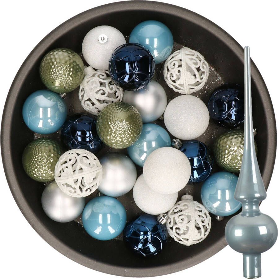 Decoris 37x stuks kunststof kerstballen 6 cm incl. glazen piek blauw-wit-zilver-groen Kerstbal