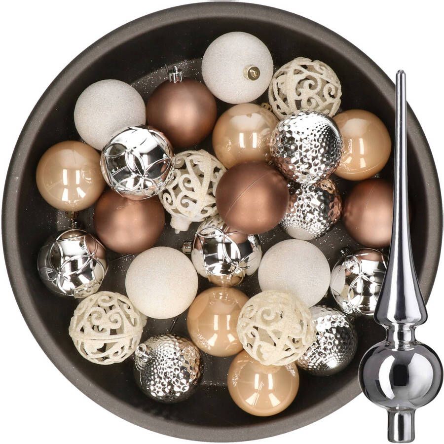 Decoris 37x stuks kunststof kerstballen 6 cm incl. glazen piek bruin-zilver-wit Kerstbal