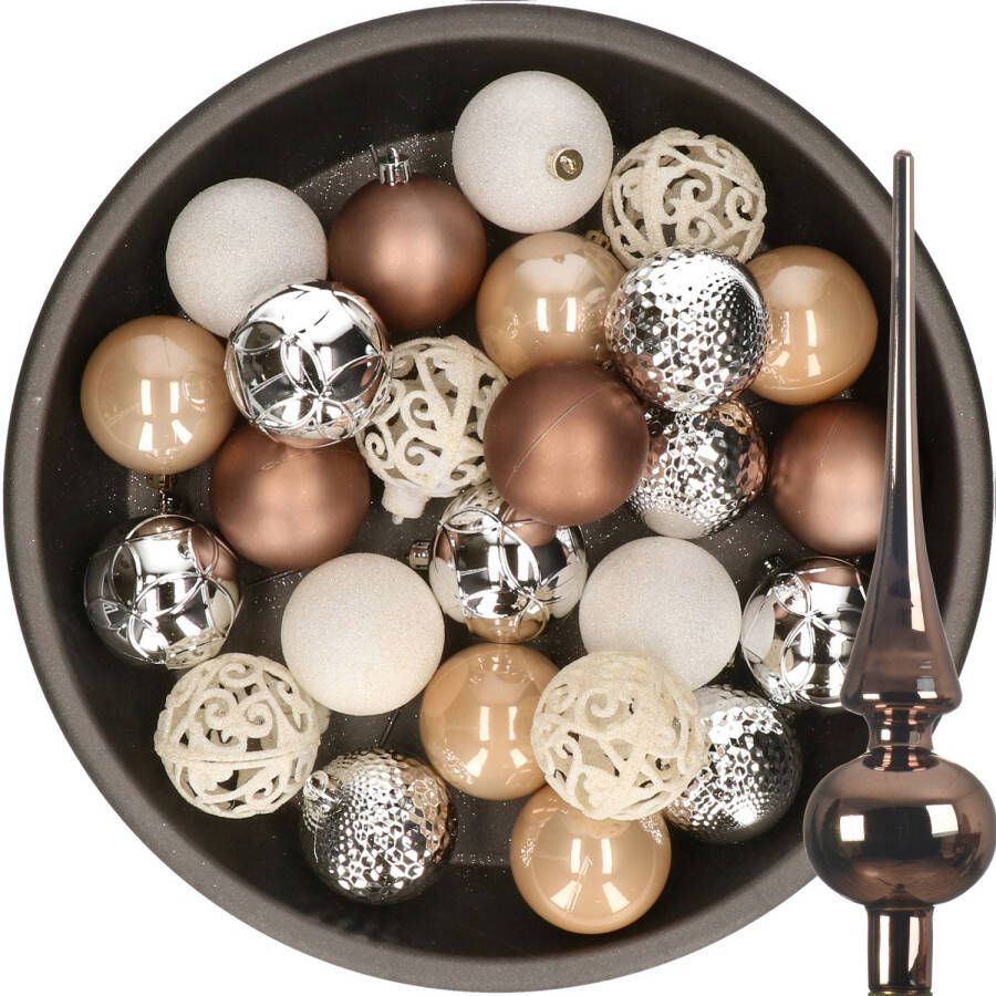 Decoris 37x stuks kunststof kerstballen 6 cm incl. glazen piek bruin-zilver-wit Kerstbal