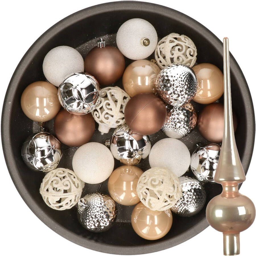 Decoris 37x stuks kunststof kerstballen 6 cm incl. glazen piek bruin-zilver-wit Kerstbal