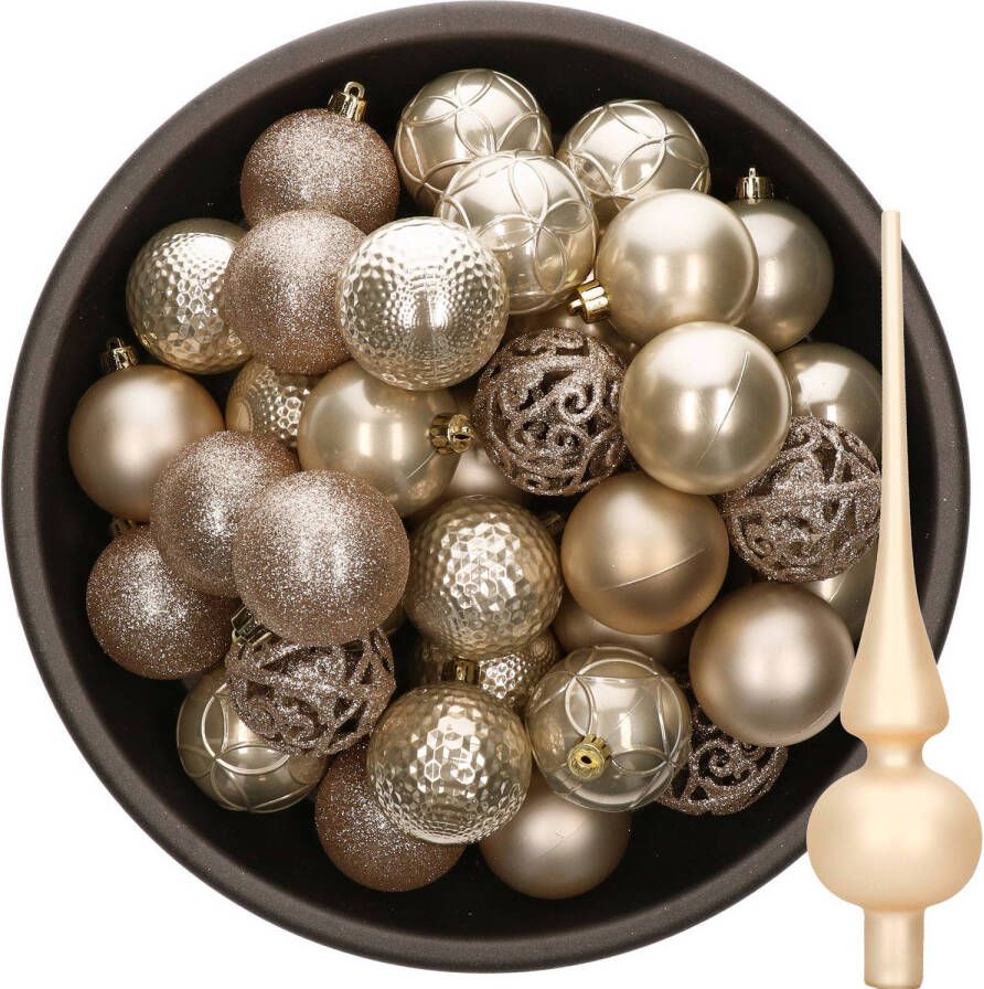 Decoris 37x stuks kunststof kerstballen 6 cm incl. glazen piek champagne Kerstbal