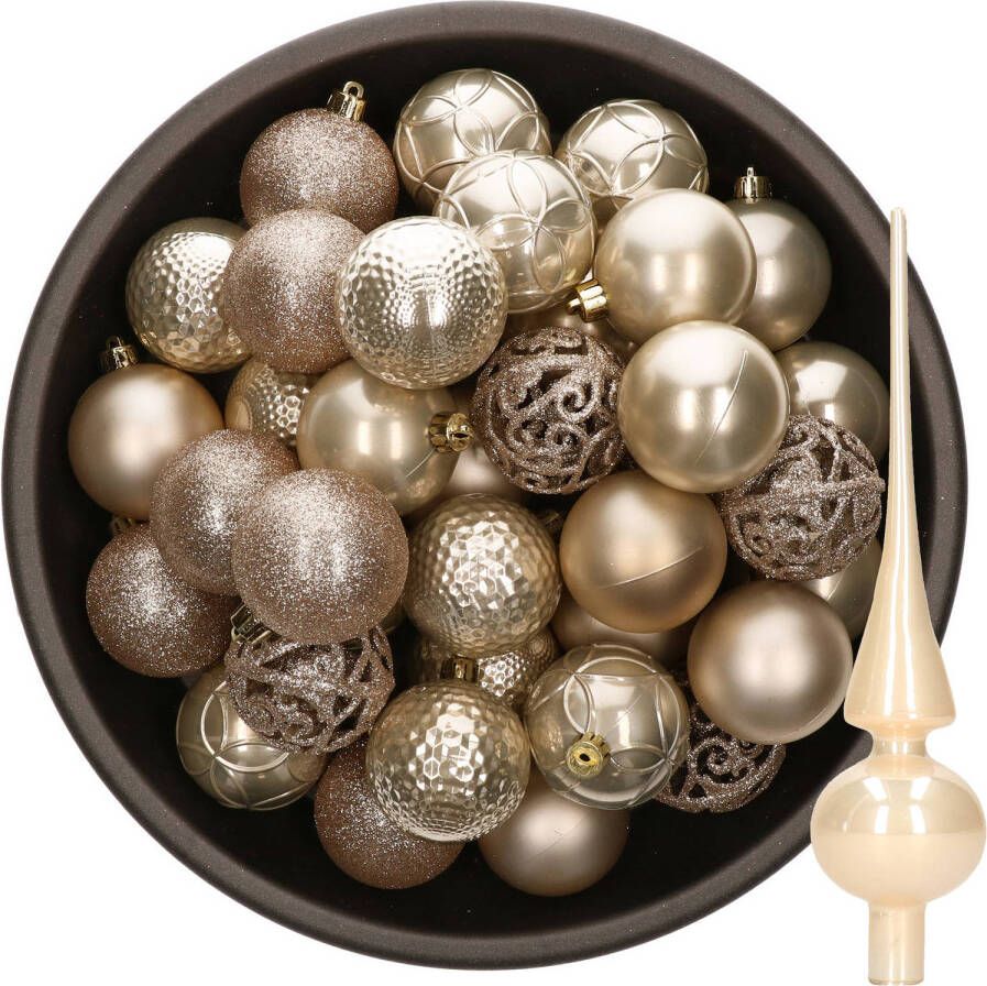 Decoris 37x stuks kunststof kerstballen 6 cm incl. glazen piek champagne Kerstbal