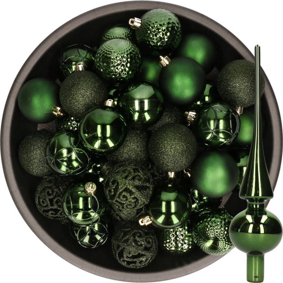 Decoris 37x stuks kunststof kerstballen 6 cm incl. glazen piek glans donkergroen Kerstbal