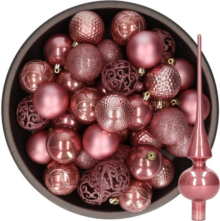 Decoris 37x stuks kunststof kerstballen 6 cm incl. glazen piek glans oudroze Kerstbal