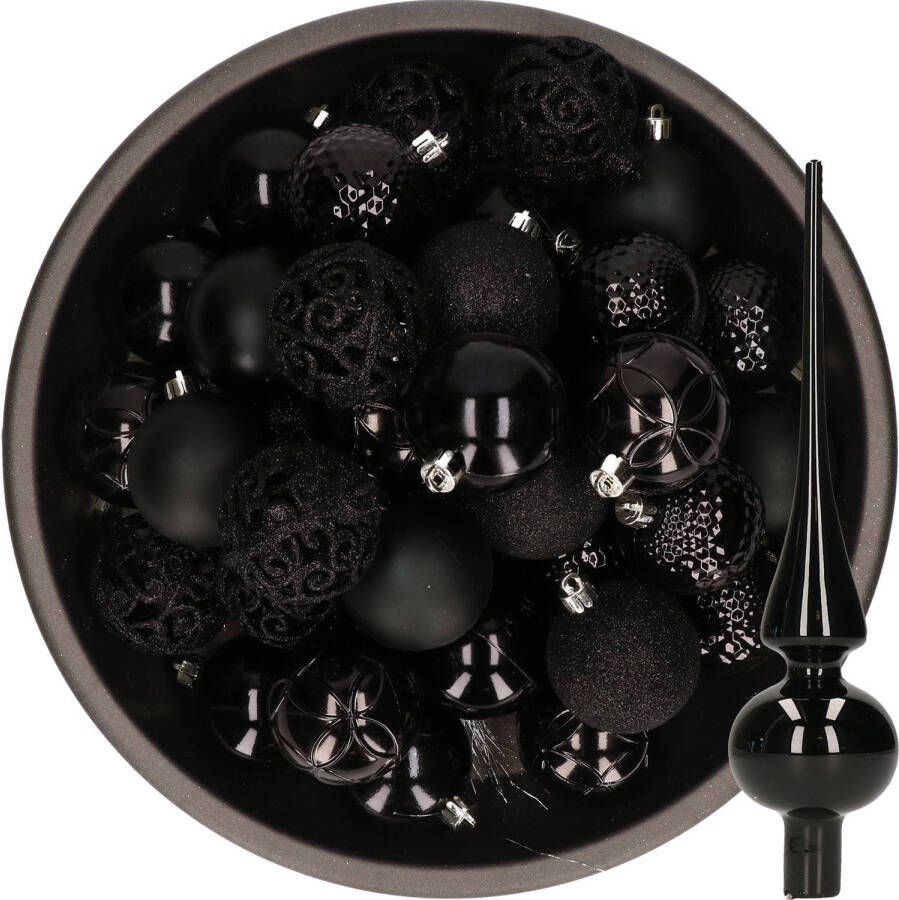 Decoris 37x stuks kunststof kerstballen 6 cm incl. glazen piek glans zwart Kerstbal