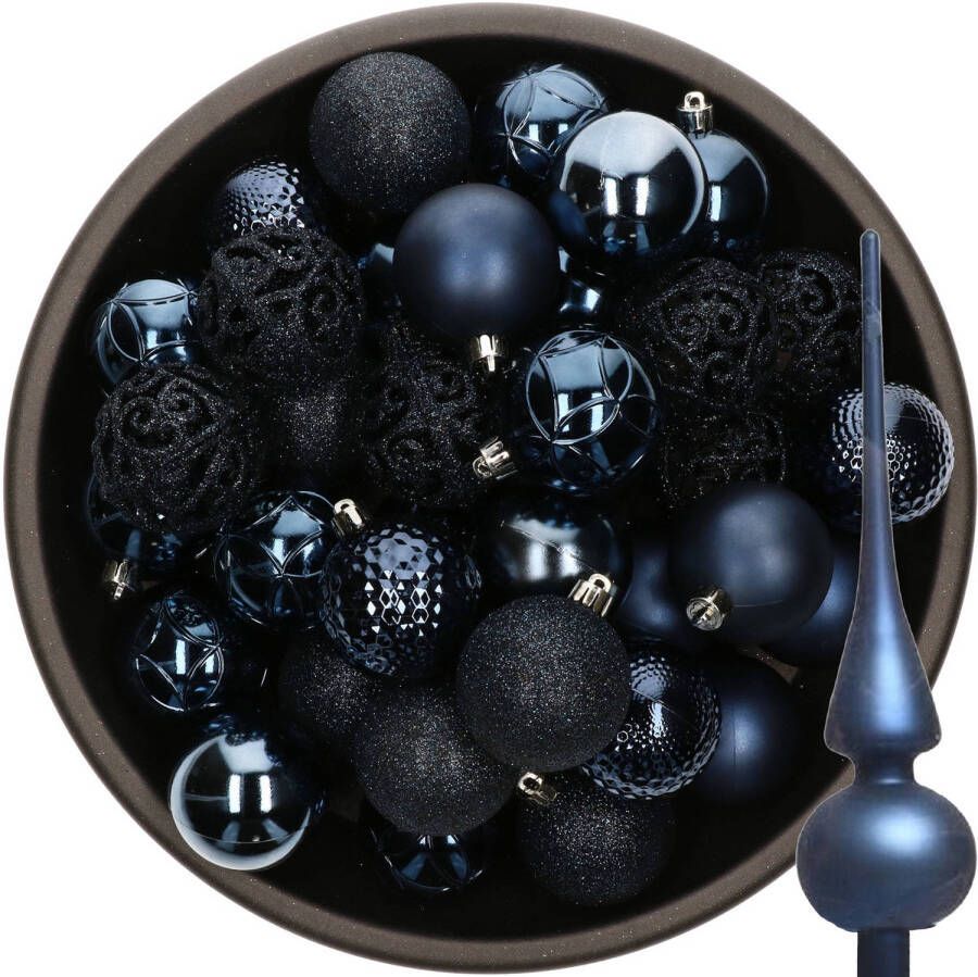Decoris 37x stuks kunststof kerstballen 6 cm incl. glazen piek mat donkerblauw Kerstbal