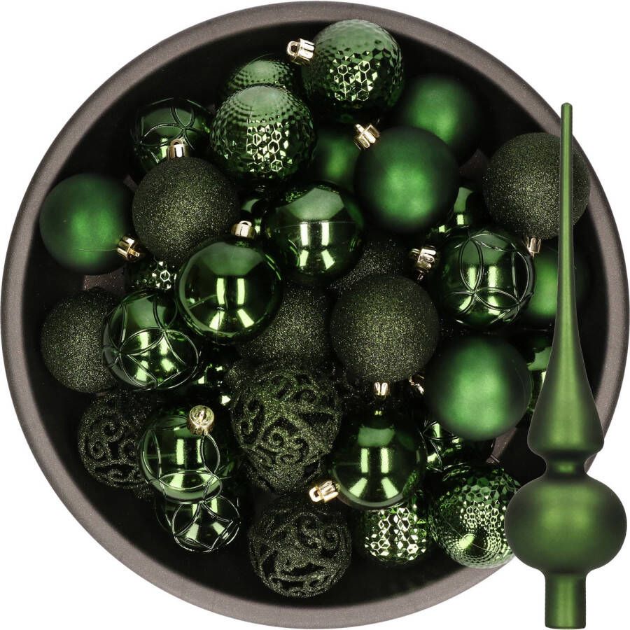 Decoris 37x stuks kunststof kerstballen 6 cm incl. glazen piek mat donkergroen Kerstbal