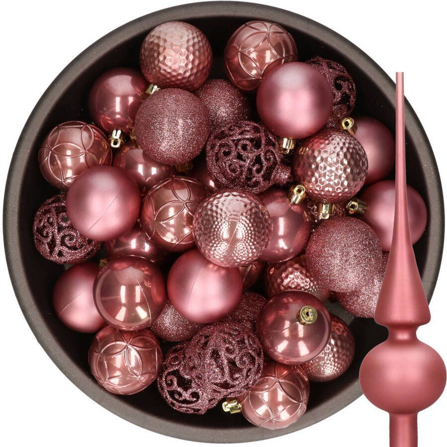 Decoris 37x stuks kunststof kerstballen 6 cm incl. glazen piek mat oudroze Kerstbal