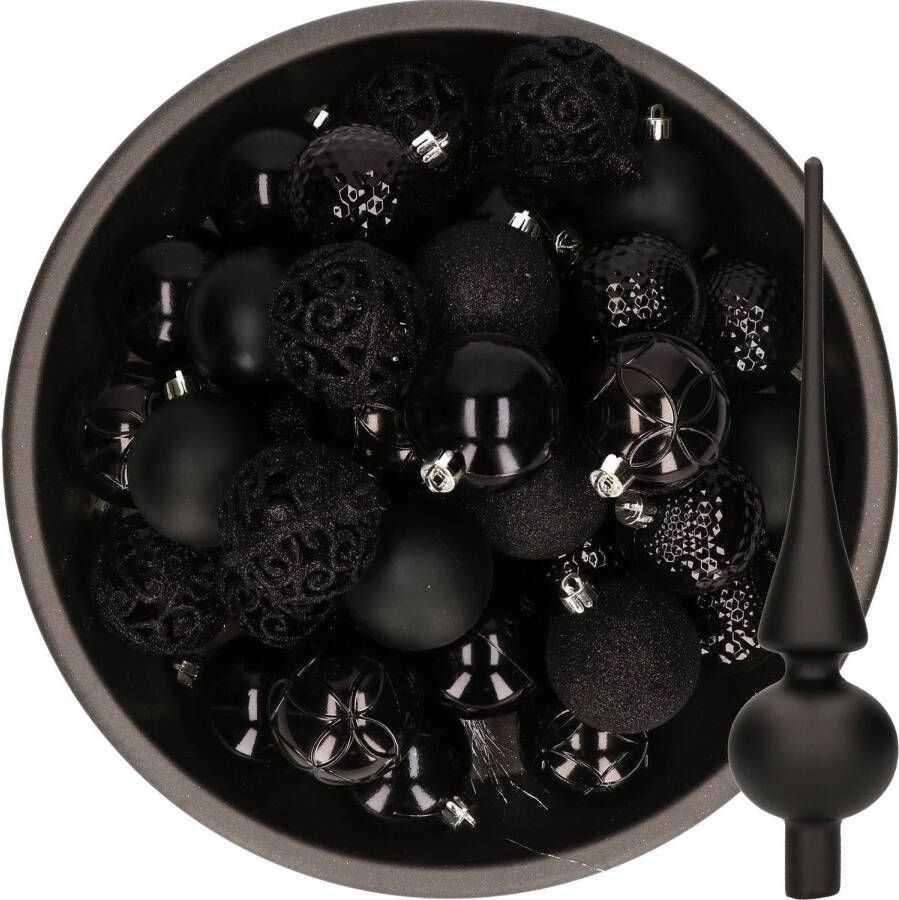 Decoris 37x stuks kunststof kerstballen 6 cm incl. glazen piek mat zwart Kerstbal