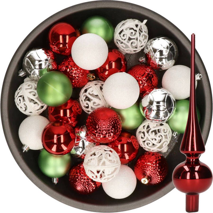 Decoris 37x stuks kunststof kerstballen 6 cm incl. glazen piek wit-rood-zilver-groen Kerstbal