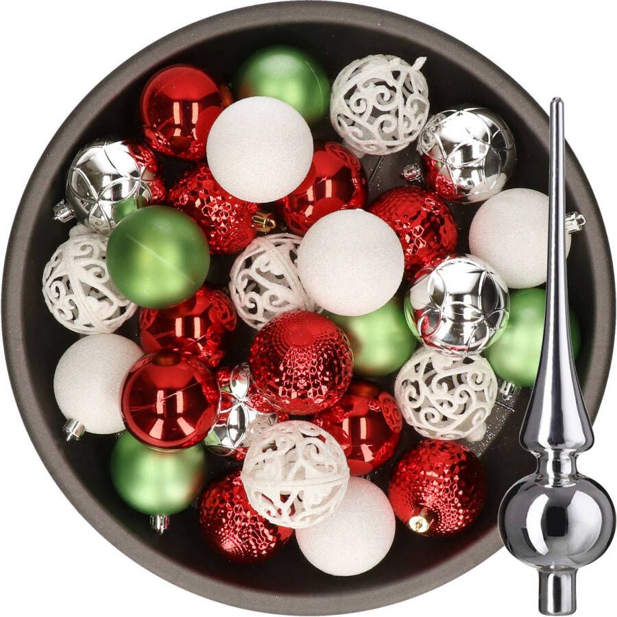 Decoris 37x stuks kunststof kerstballen 6 cm incl. glazen piek wit-rood-zilver-groen Kerstbal