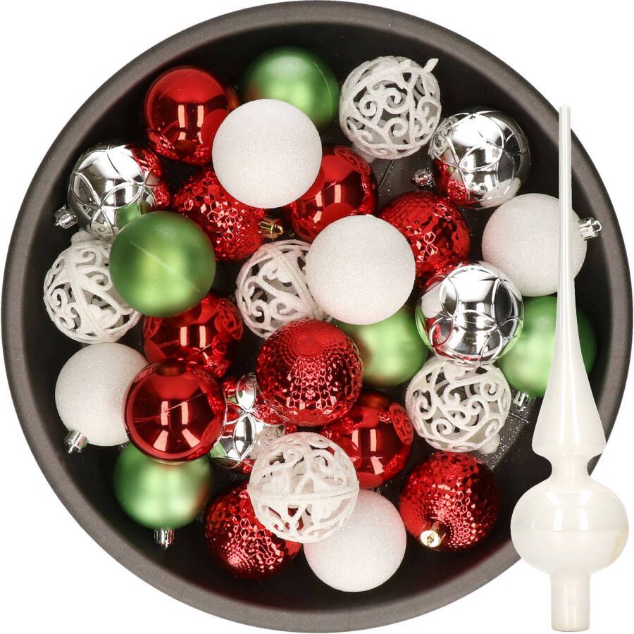 Decoris 37x stuks kunststof kerstballen 6 cm incl. glazen piek wit-rood-zilver-groen Kerstbal