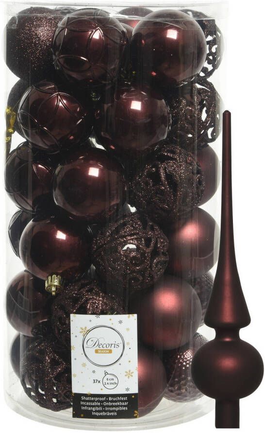 Decoris 37x stuks kunststof kerstballen 6 cm incl. matte glazen piek mahonie bruin Kerstbal
