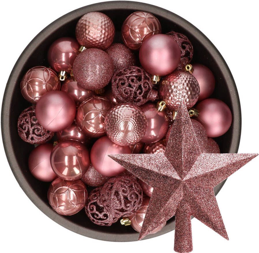 Decoris 37x stuks kunststof kerstballen 6 cm incl. ster piek oudroze Kerstbal