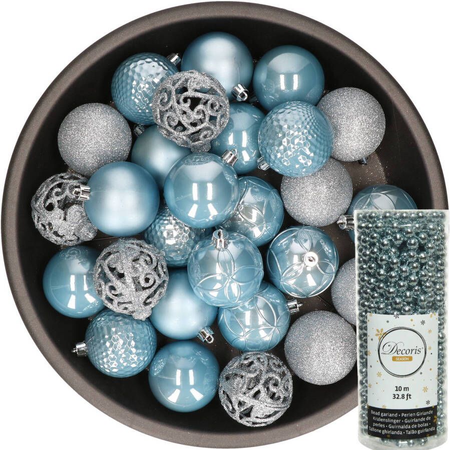 Decoris 37x stuks kunststof kerstballen 6 cm inclusief kralenslinger lichtblauw Kerstbal