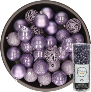 Decoris 37x stuks kunststof kerstballen 6 cm inclusief kralenslinger lila paars Kerstbal