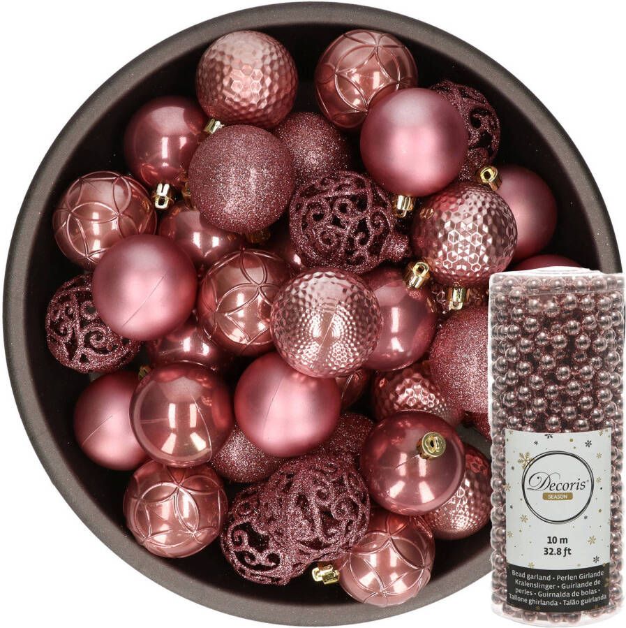 Decoris 37x stuks kunststof kerstballen 6 cm inclusief kralenslinger oudroze Kerstbal