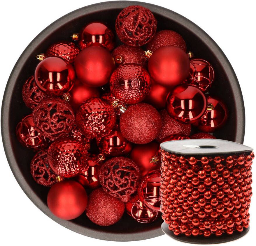 Decoris 37x stuks kunststof kerstballen 6 cm inclusief kralenslinger rood Kerstbal