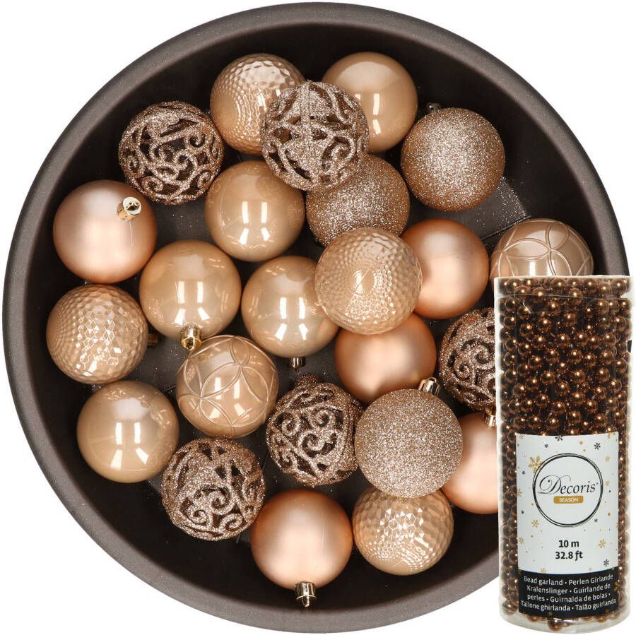 Decoris 37x stuks kunststof kerstballen 6 cm inclusief kralenslinger toffee bruin Kerstbal