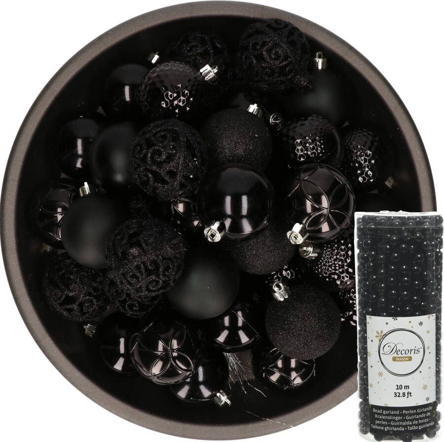 Decoris 37x stuks kunststof kerstballen 6 cm inclusief kralenslinger zwart Kerstbal