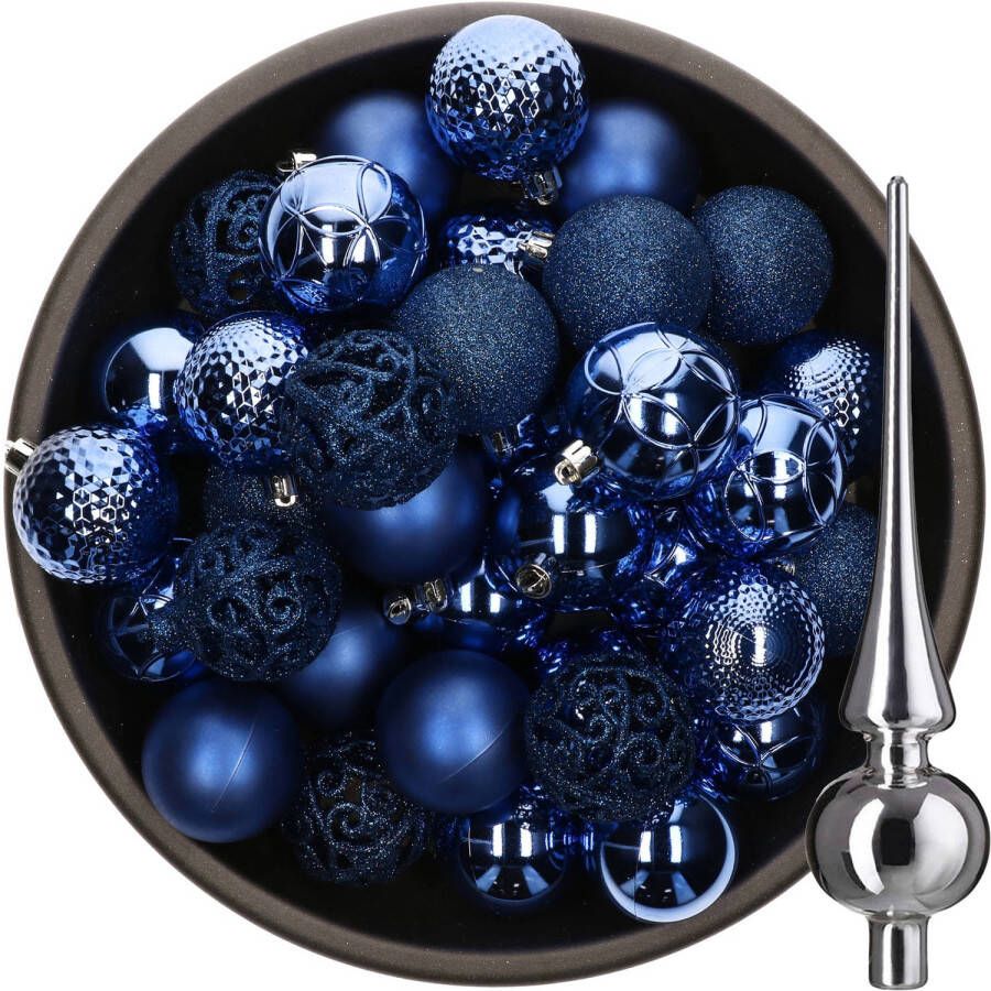 Decoris 37x stuks kunststof kerstballen 6 cm kobalt blauw incl. glazen piek glans zilver Kerstbal