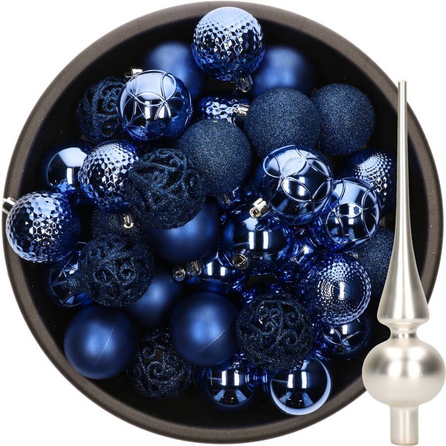 Decoris 37x stuks kunststof kerstballen 6 cm kobalt blauw incl. glazen piek mat zilver Kerstbal