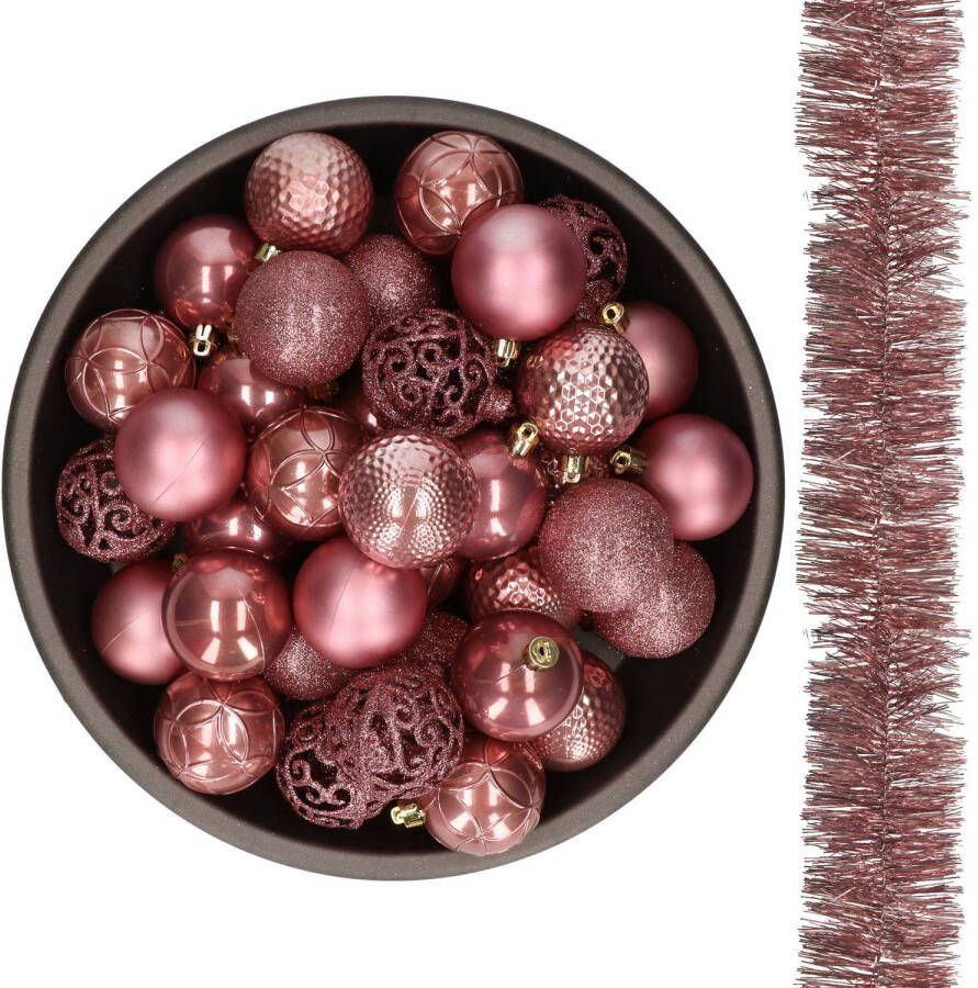 Decoris 37x stuks kunststof kerstballen 6 cm met 2x stuks slingers oudroze Kerstbal