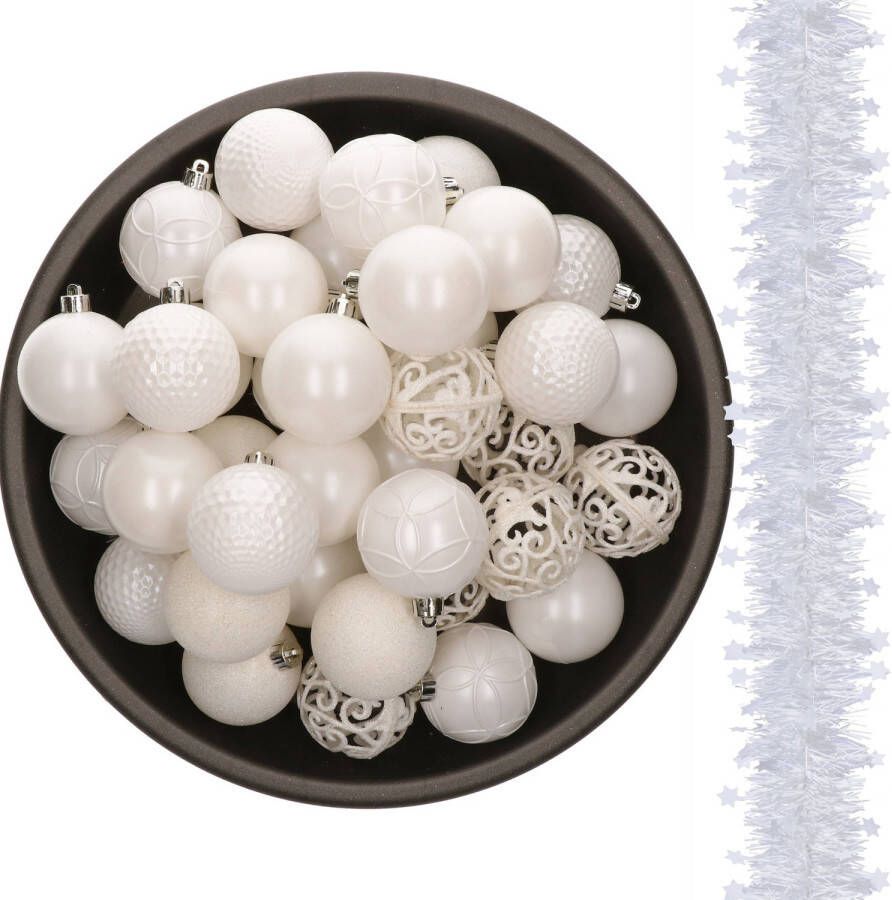 Decoris 37x stuks kunststof kerstballen 6 cm met kerstslingers wit Kerstbal