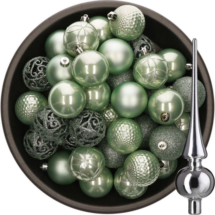 Decoris 37x stuks kunststof kerstballen 6 cm mintgroen incl. glazen piek glans zilver Kerstbal