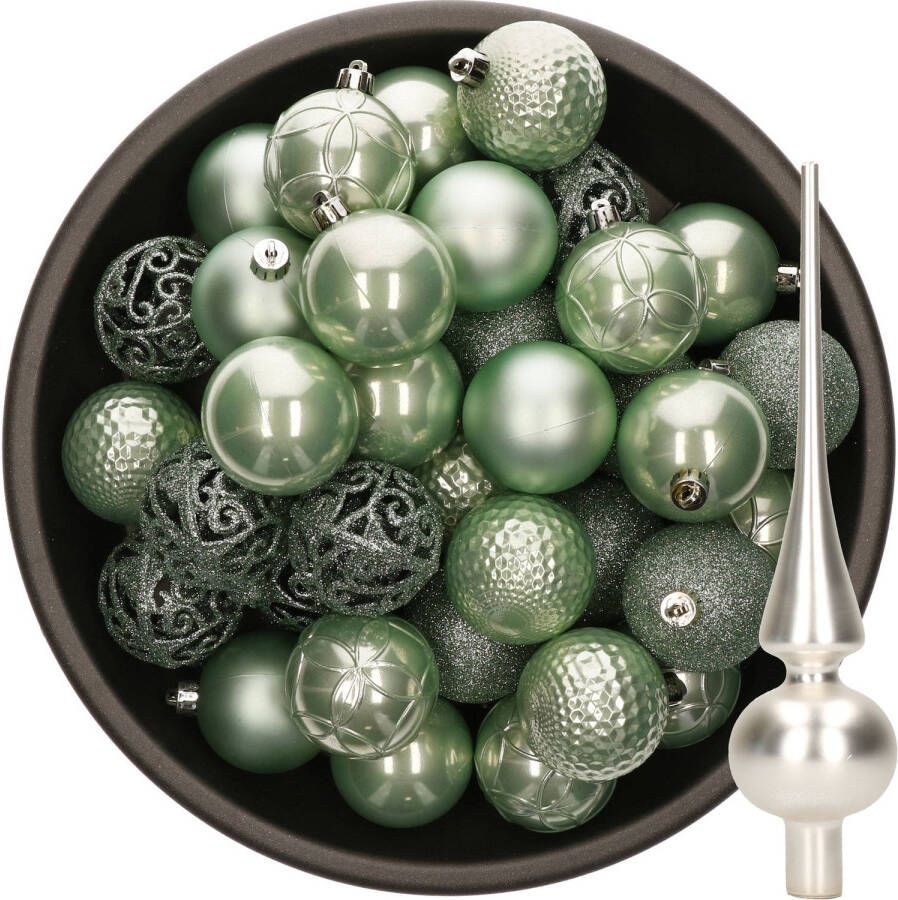 Decoris 37x stuks kunststof kerstballen 6 cm mintgroen incl. glazen piek mat zilver Kerstbal