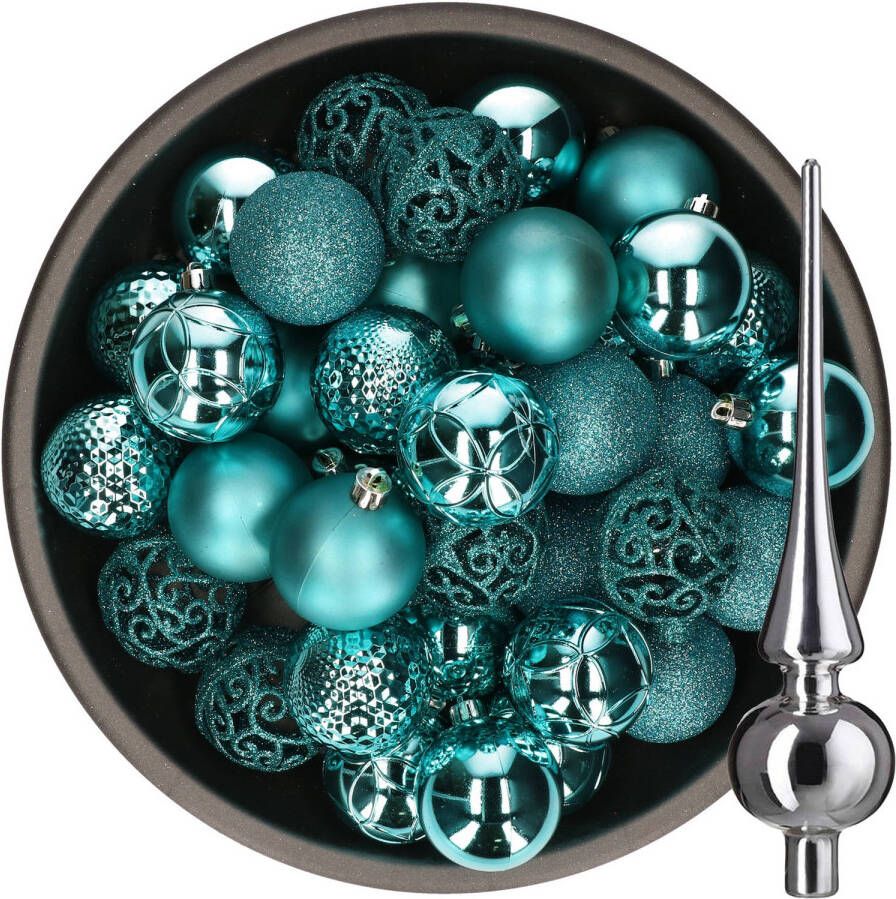 Decoris 37x stuks kunststof kerstballen 6 cm turquoise incl. glazen piek glans zilver Kerstbal