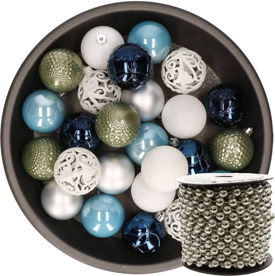 Decoris 37x stuks kunststof kerstballen 6 cm wit groen zilver blauw incl. kralenslinger Kerstbal