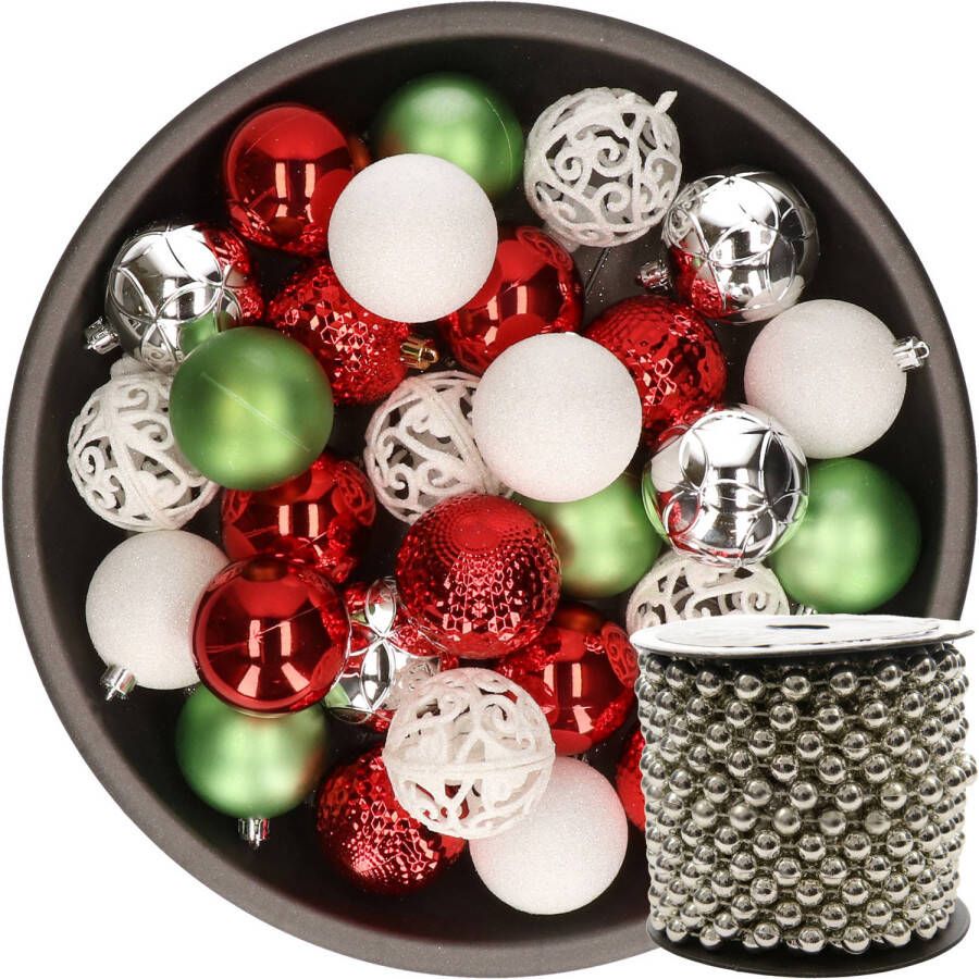 Decoris 37x stuks kunststof kerstballen 6 cm wit rood groen zilver incl. kralenslinger Kerstbal