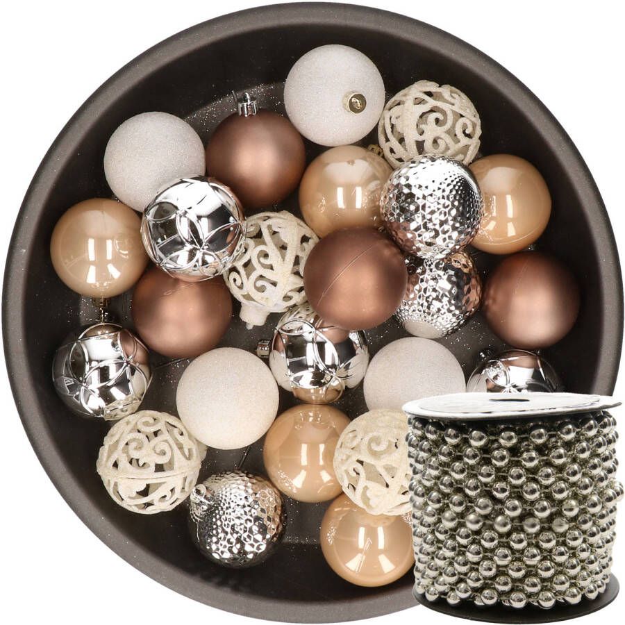 Decoris 37x stuks kunststof kerstballen 6 cm wit zilver bruin incl. kralenslinger Kerstbal