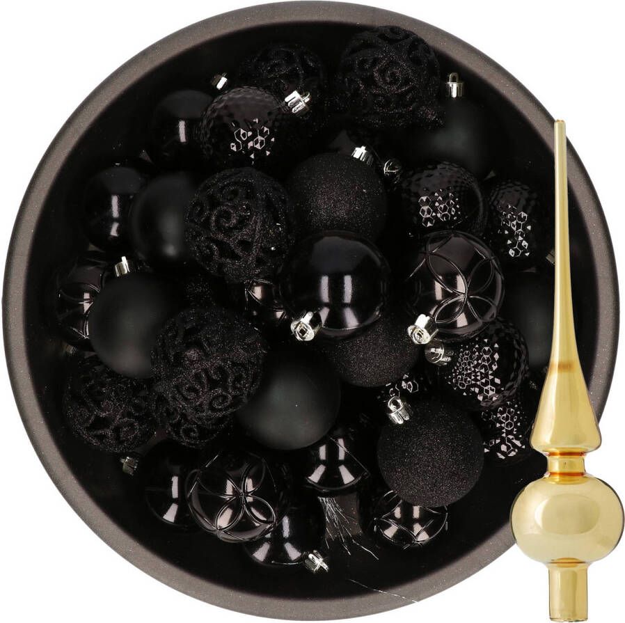 Decoris 37x stuks kunststof kerstballen 6 cm zwart incl. glazen piek glans goud Kerstbal