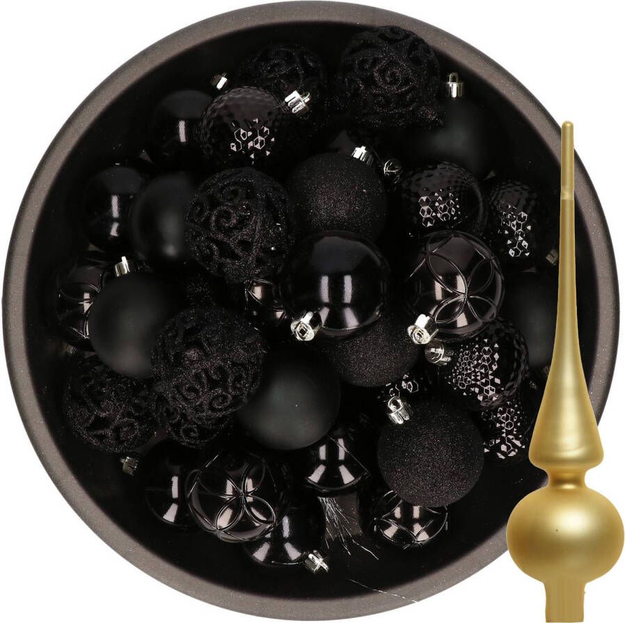 Decoris 37x stuks kunststof kerstballen 6 cm zwart incl. glazen piek mat goud Kerstbal