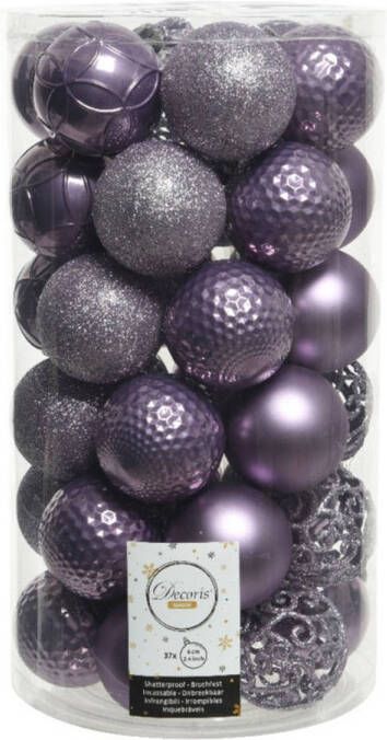 Decoris 37x stuks kunststof kerstballen heide lila paars 6 cm glans mat glitter mix Kerstbal